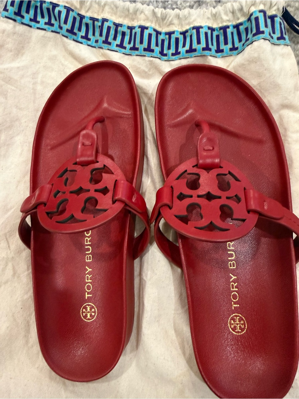 Tory Burch Red Leather Cutout Logo Flip Sandals